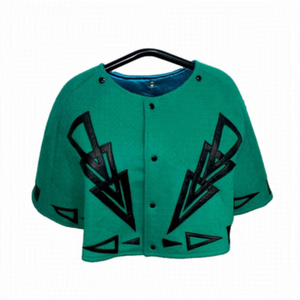 1950’s Thick Sleeveless Wool & Satin Silk Capelet Shawl Art Deco Motif Vintage